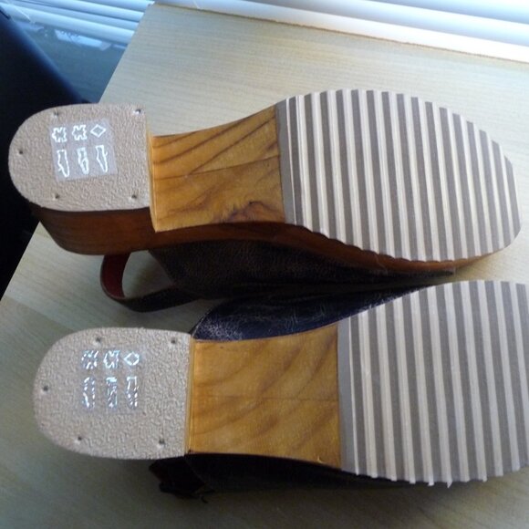 BED STU JINKIE BLACK/BEIGE DISTRESSED LEATHER PATFORM HEEL SANDALS BOHO SIZE 8 - Picture 3 of 5